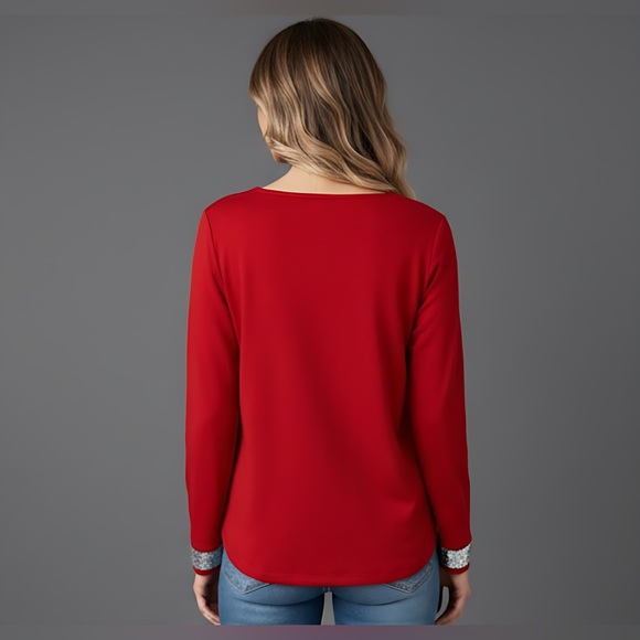 Red Contrast Sequin Mesh Sleeve Blouse - Picture 4 of 9